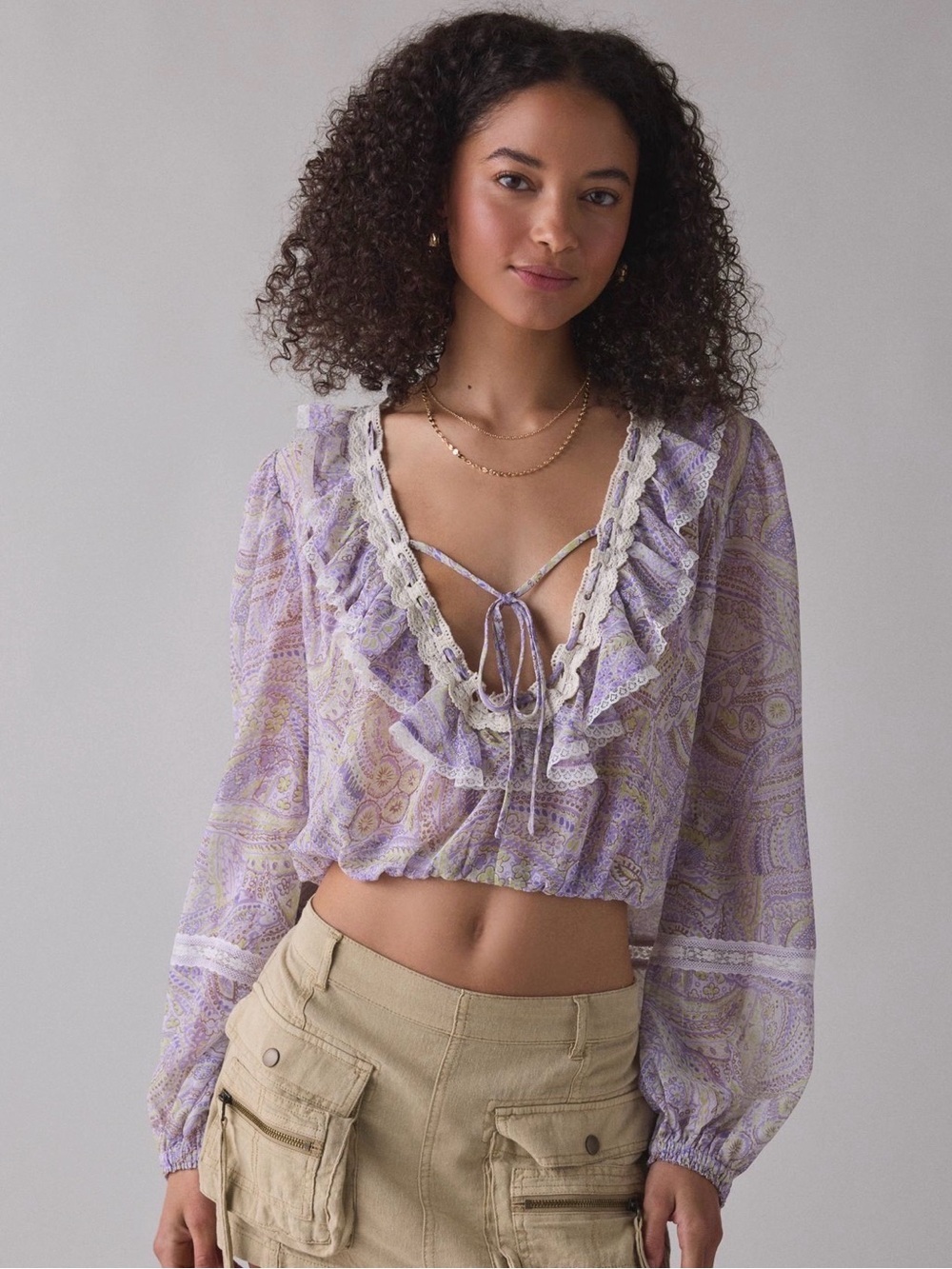 Kimchi Blue Lavender Paisley Ruffle Tie-Front Blouse